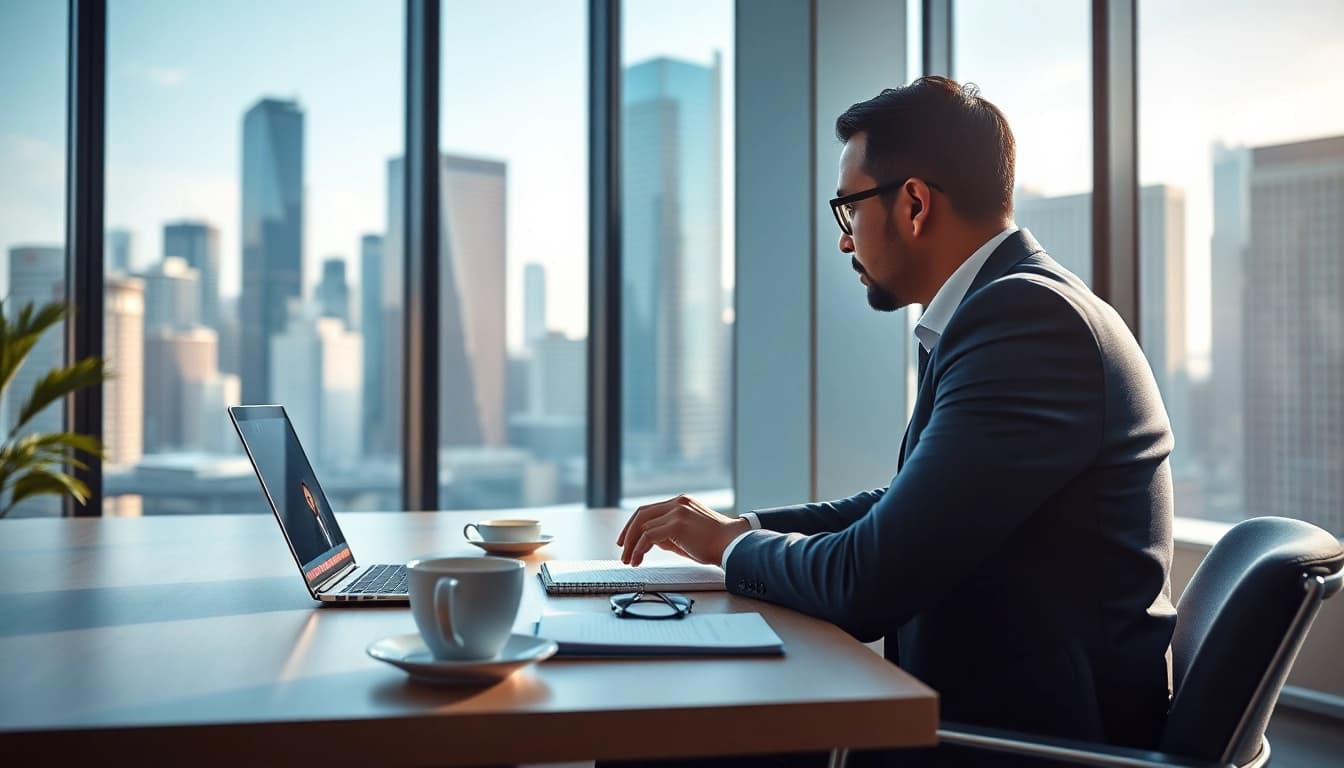 Headhunter Schweiz bei der Arbeit an einem modernen Schreibtisch mit Videoanruf.