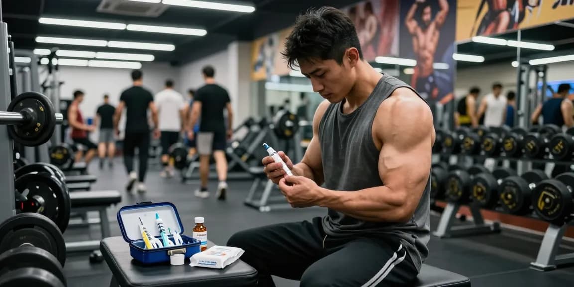 Bodybuilder preparing for injection in Anabolika Shop gym, showcasing fitness gear and anabolic steroids in action.