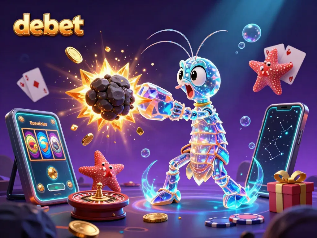 Engage with debet's exciting gaming scene featuring a galactic shrimp in a vibrant casino environment.