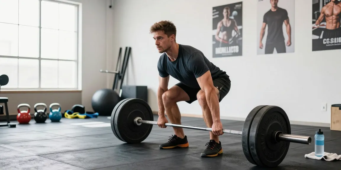 Anabolika Shop Szene mit einem Bodybuilder, der Kreuzheben mit Fitnessgeräten ausführt und Fitness-Engagement einfängt.