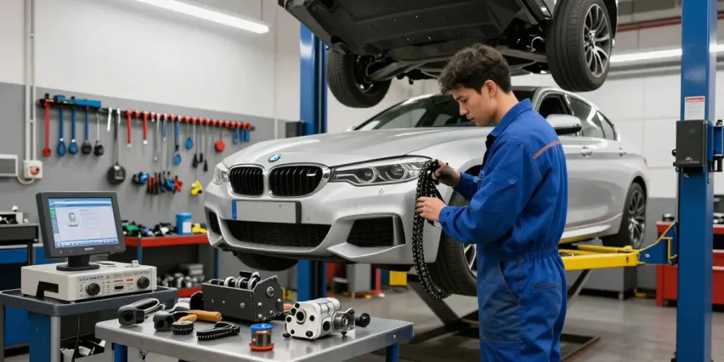Professioneller Mechaniker in der BMW Werkstatt Hannover, der die Steuerkette eines Fahrzeugs wechselt.