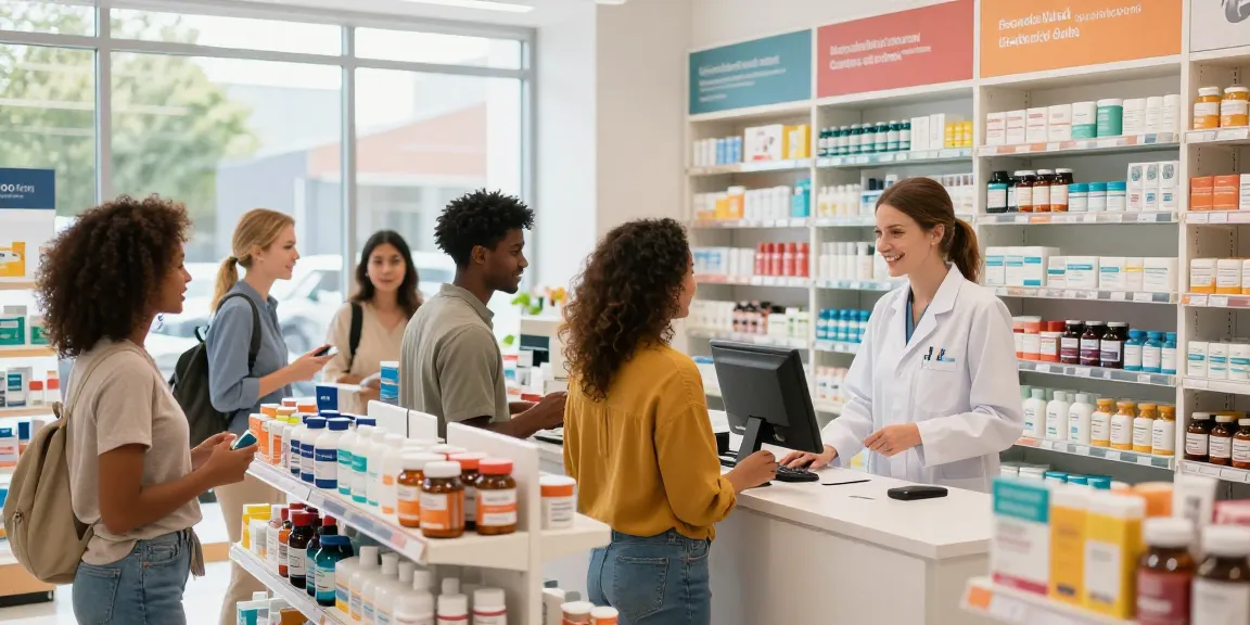 Aufregendes Einkaufserlebnis im Medi Pharma Shop mit einer Vielzahl von Kunden, die Wellnessprodukte erkunden.