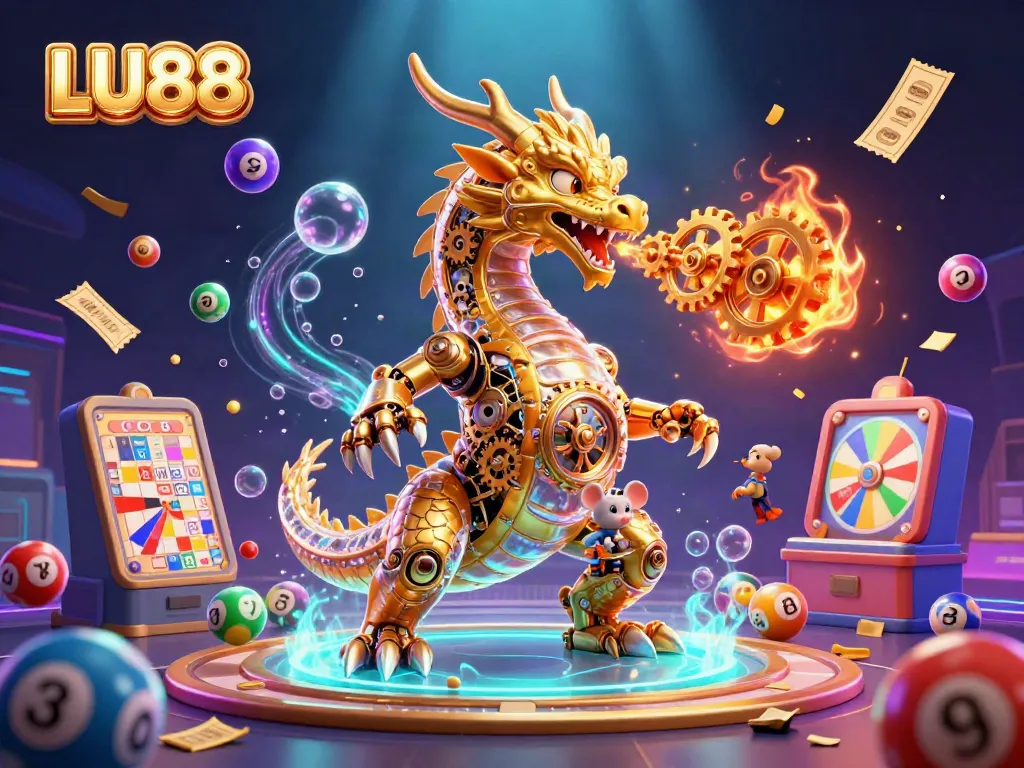 LU88 offers a visually stunning online gaming experience with vibrant lottery elements and a mechanical dragon.