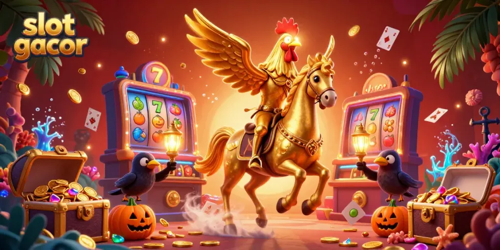 Engage with slot gacor through a vibrant 3D casino scene featuring a golden rooster headless horseman and dynamic gaming elements.