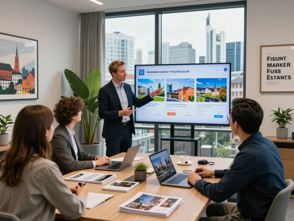 Immobilienmakler Frankfurt Preungesheim präsentiert Immobilien in einem modernen Büro und zeigt Professionalität und urbanen Reiz.