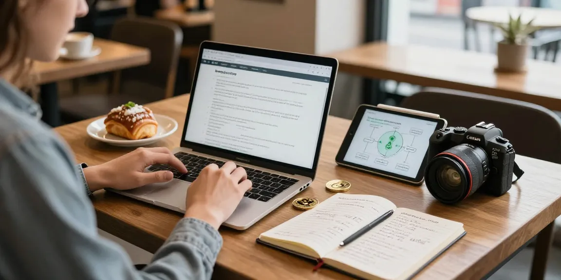Edimakor Video Editor im Einsatz bei der Erstellung von Kryptowährungsinhalten in einem Café mit DeFi-Unterlagen.