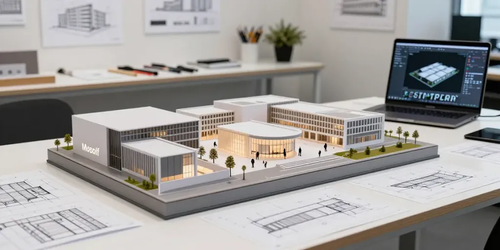 Ausstellungsmodell Mosolf in einem modernen Studio mit Architektur-Skizzen und einer digitalen Präsentation.