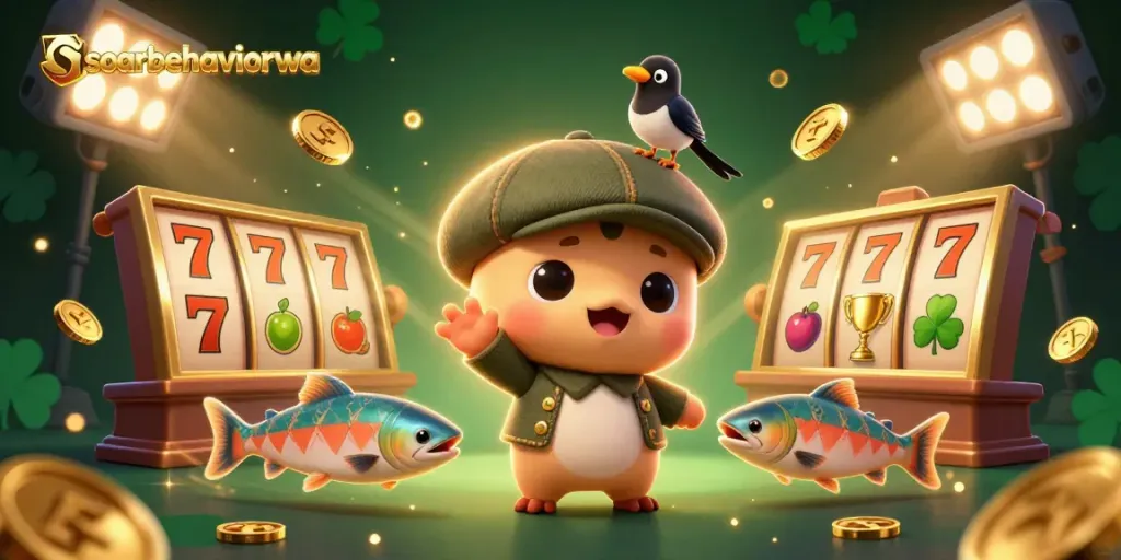 Spin to win with soarbehaviorwa's playful characters in vibrant gambling-themed illustration.