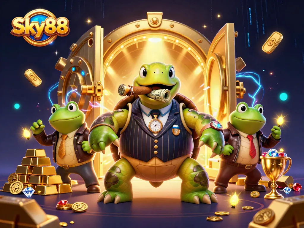 Engage with Sky88's vibrant casino scene featuring a turtle mobster and bullfrog enforcers amidst treasure and glamour.