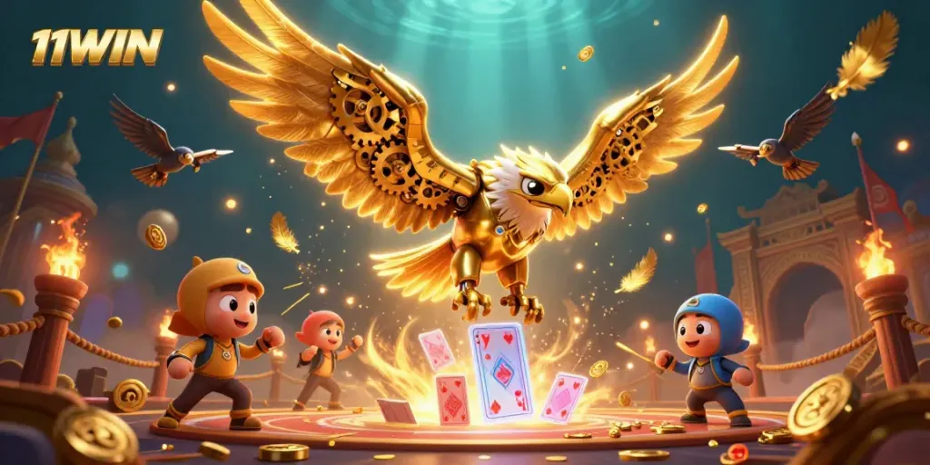 Experience the thrill of 11WIN's dynamic casino adventure with Cybernetic Eagle amid holographic cards.