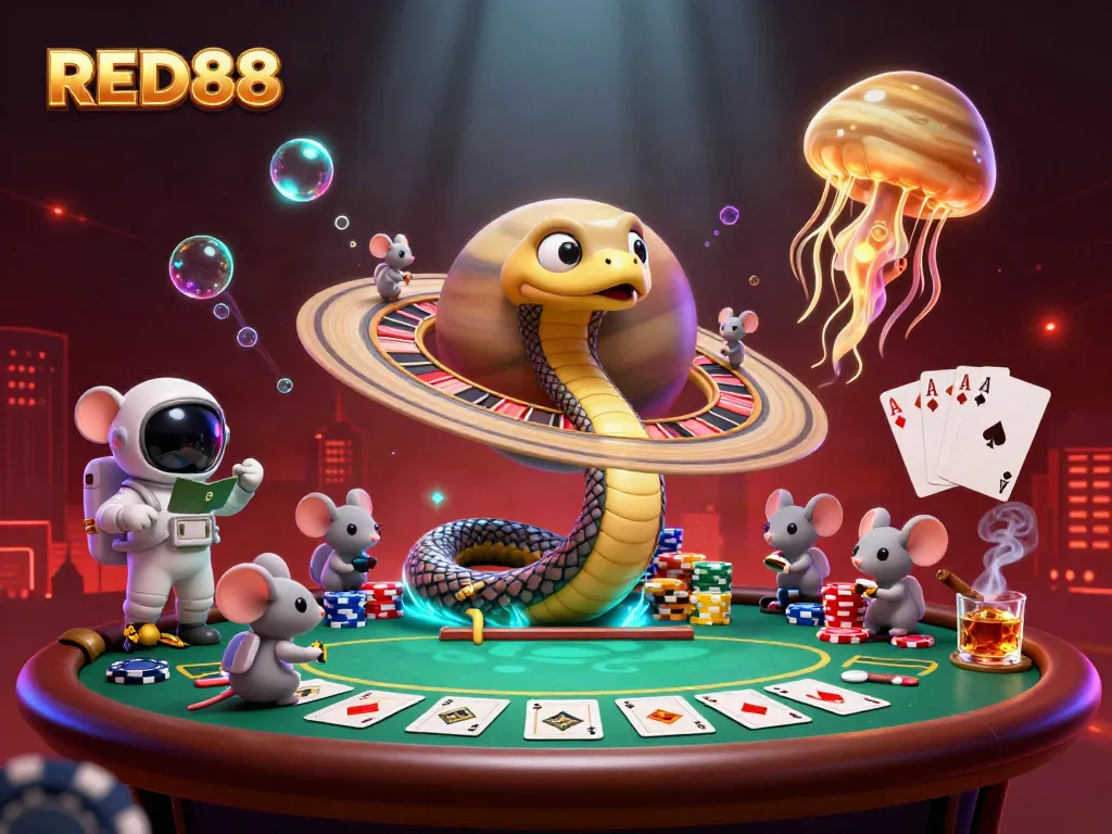 Experience the excitement of RED88, featuring a vibrant cosmic casino scene with roulette and poker elements.