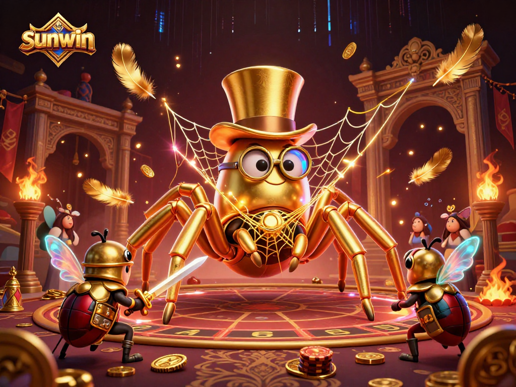 sunwin showcases a colorful 3D scene with a golden tarantula and beetle knight in a vibrant casino setting.