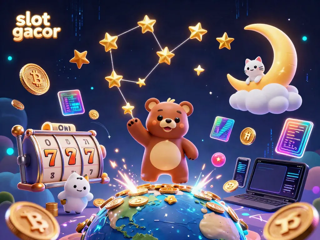 Engage in slot gacor excitement with a vibrant 3D illustration showcasing jackpot scenes and glowing coins.