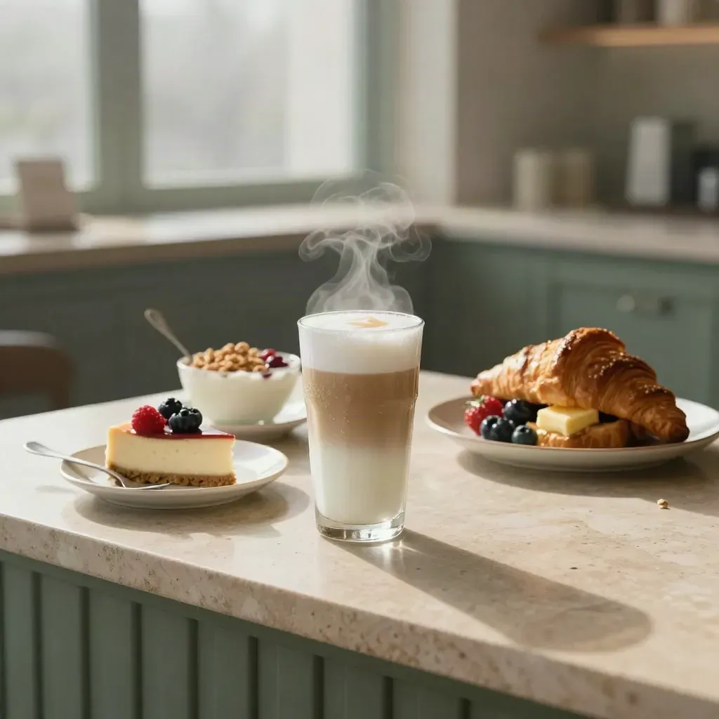 Milchdrinks, Joghurt-Bowl, Cheesecake und Brunch auf hellen Steinplatten im warmen Cafélicht