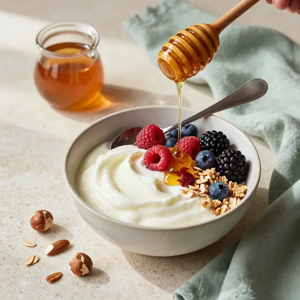 Joghurt-Bowl mit Beeren, Nüssen, Honigfaden und Leinenlöffel auf Travertin.