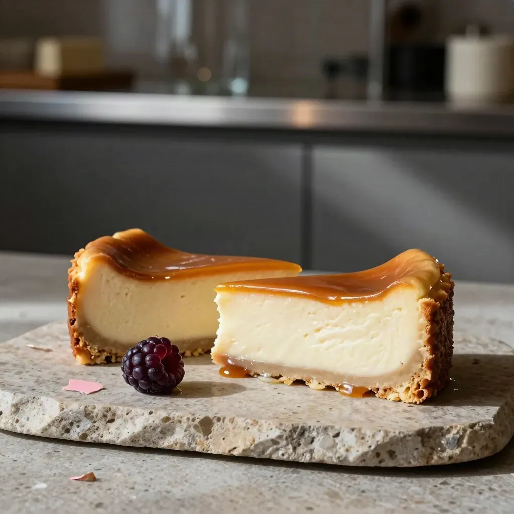 Zwei Cheesecake-Stücke auf Steinplatte mit Fruchtkompott und Beere im Seitenlicht.