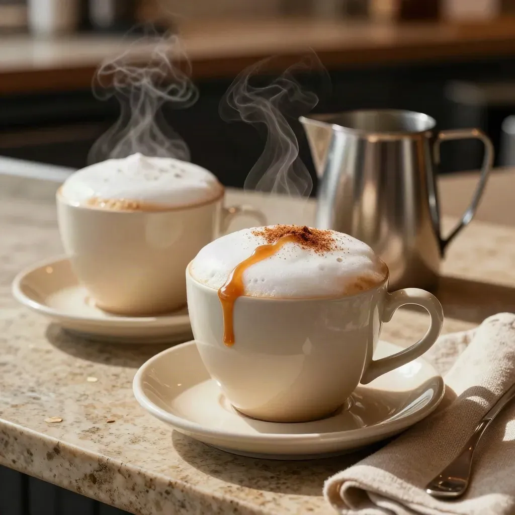 Zwei Latte-Tassen mit Schaum, Karamellfaden und Zimt auf hellem Steintresen.