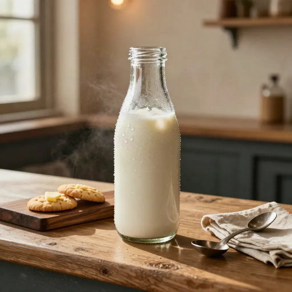 Vanille-Milchdrink mit Eis und Tautropfen neben Keksen auf dunklem Holzbrett.