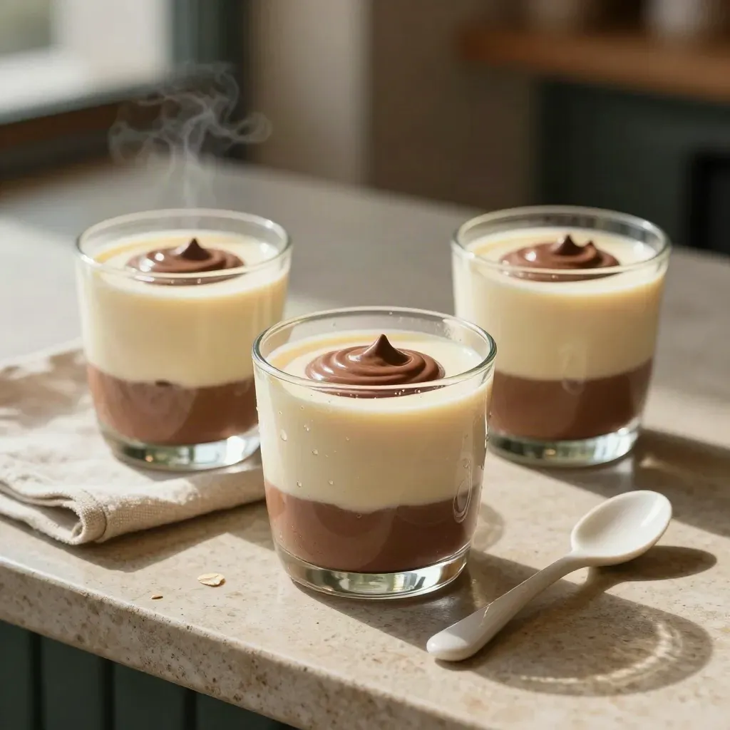 Drei kalte Puddingbecher mit Vanille- und Schokoschichten auf heller Steinplatte.