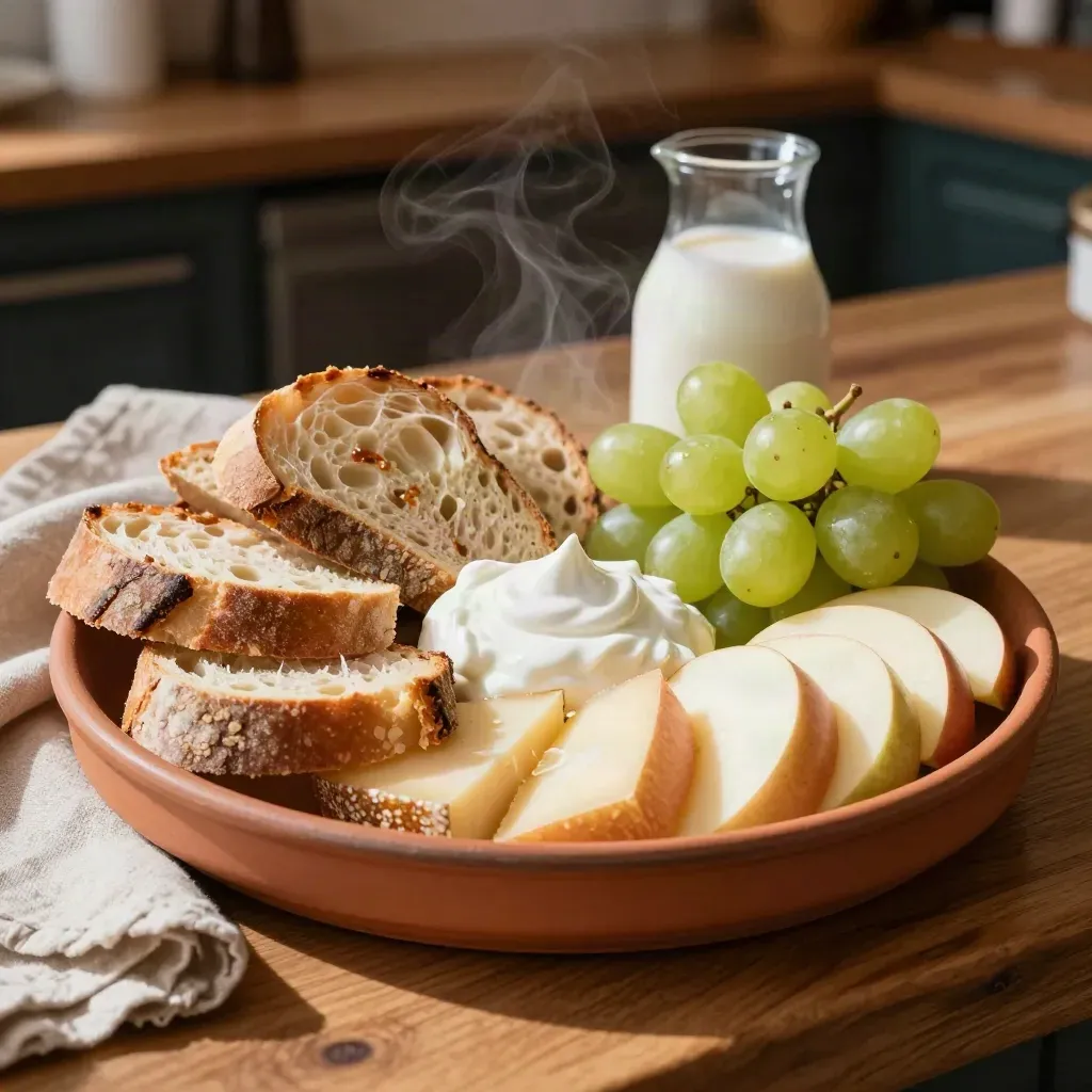 Brunch-Teller mit Brot, Käse, Joghurt, Trauben und Apfelspalten im warmen Cafélicht