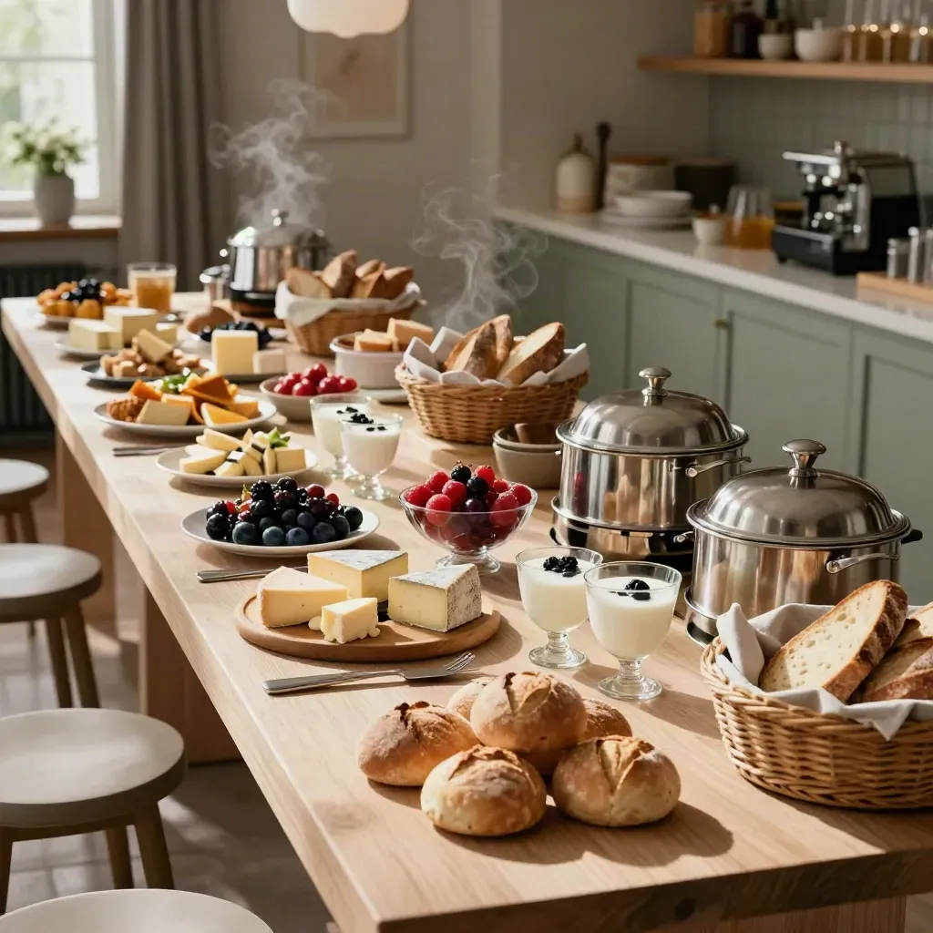 Brunch-Buffet mit Brotkörben, Käse, Joghurt, Obst und Warmhaltegefäßen im warmen Licht