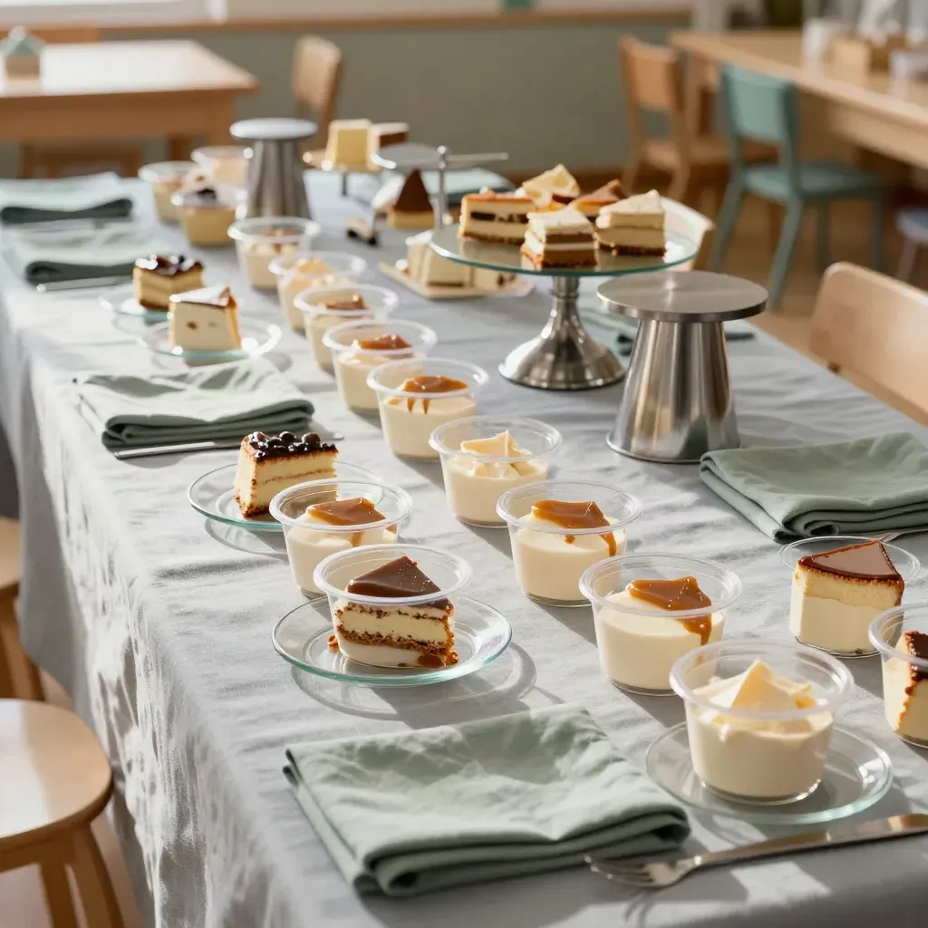 Desserttisch mit Puddingbechern, Kuchenstücken und Glasständern im Festsaal