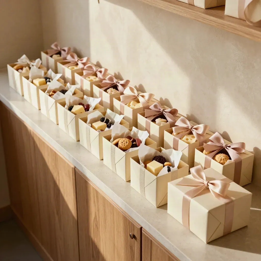 20 Geschenkboxen mit Käse, Gebäck und Süßwaren, von oben in Reihe arrangiert.