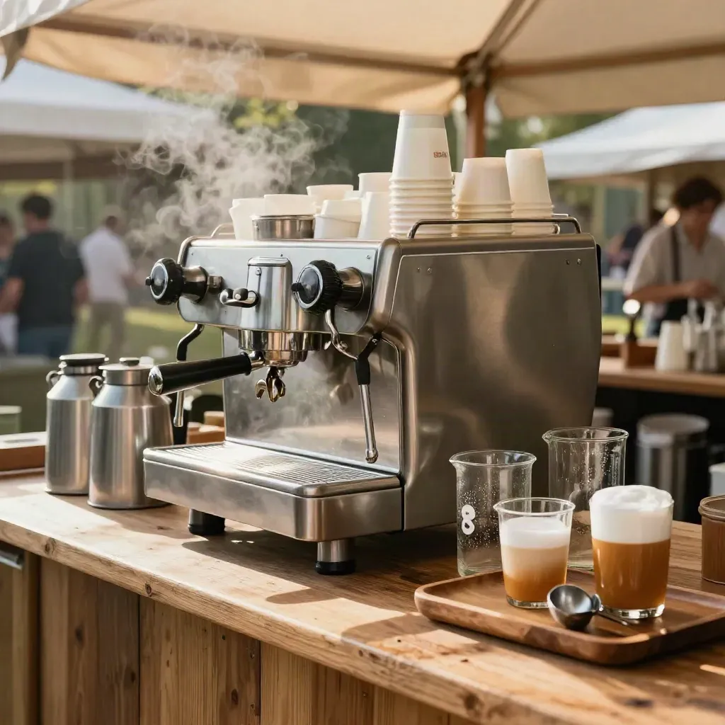 Latte-Bar auf dem Hoffest mit Espressomaschine, Milchkannen, Tassenstapel und Dampf im warmen Licht