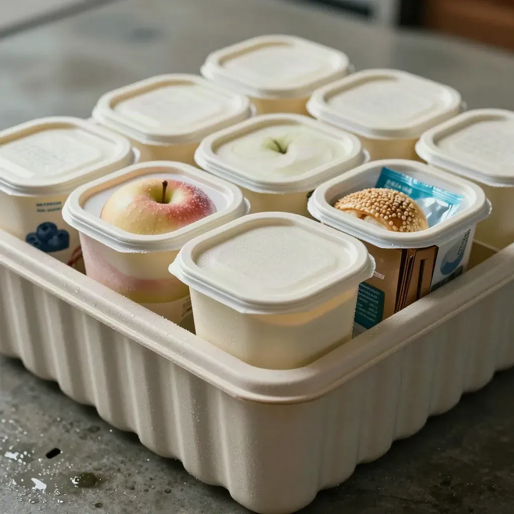 Gestapelte Frühstücksboxen mit Joghurt, Obst und Brötchen in einer Transportkiste