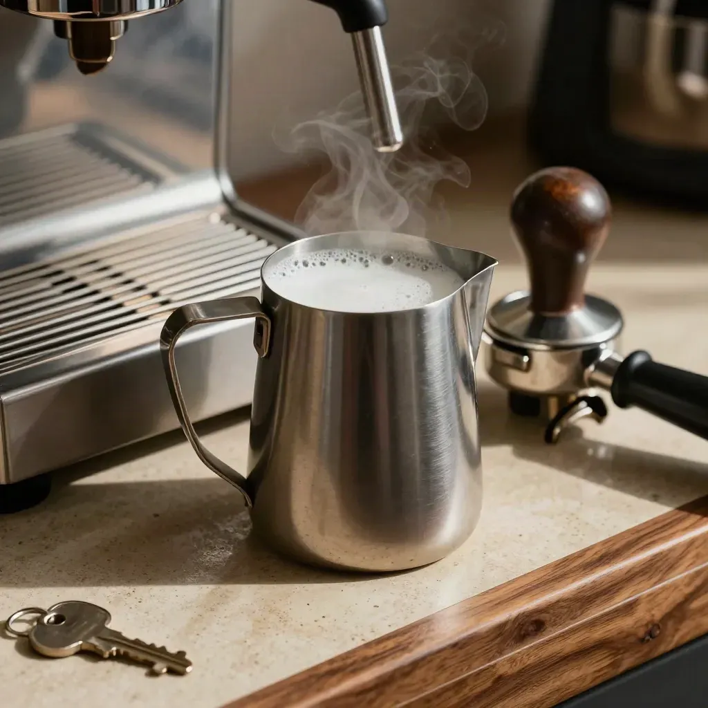 Milchkännchen, Tamper und Siebträger mit Espressospuren auf einer Café-Station