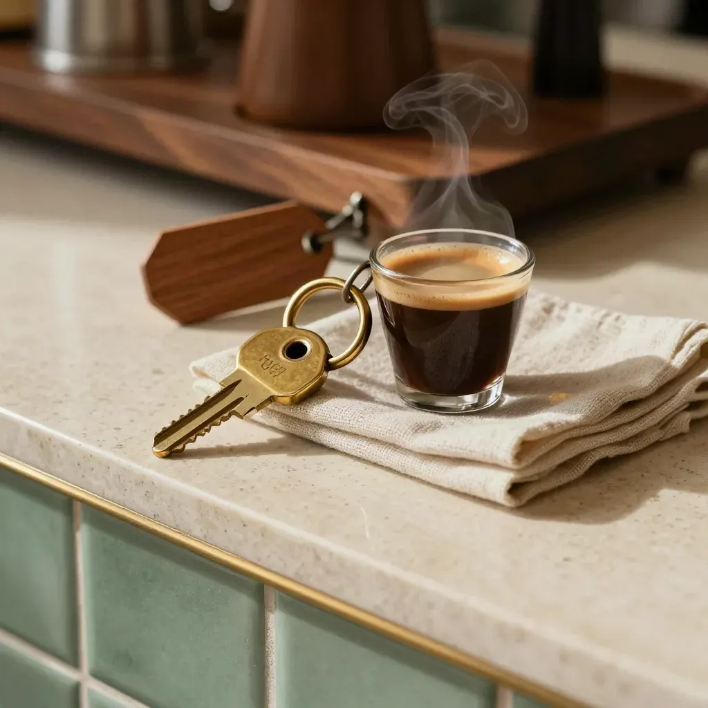 Messing-Schlüsselbund, Holzmarke, Espresso und Leinenserviette auf Travertin