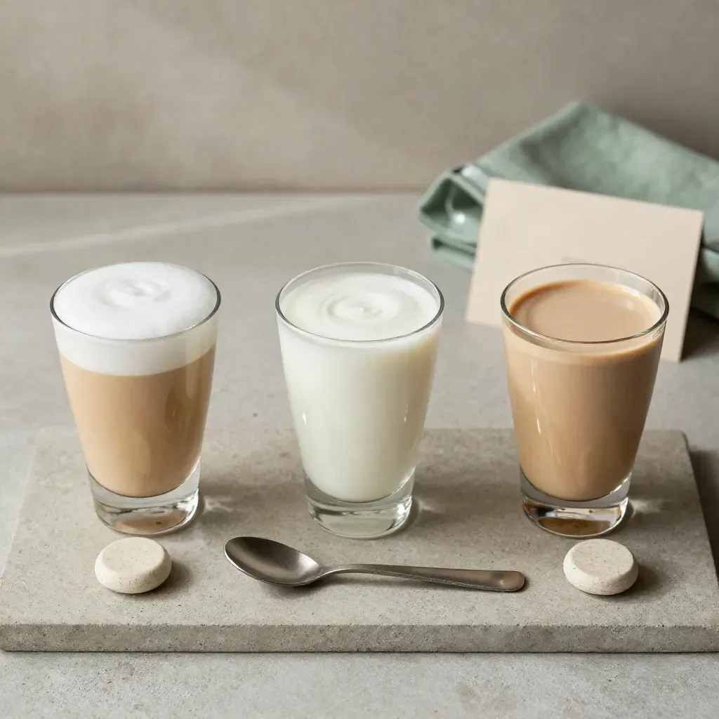 Drei Probiergläser mit Milchdrinks, Löffel und Steinmarker auf hellem Beton, von oben arrangiert.