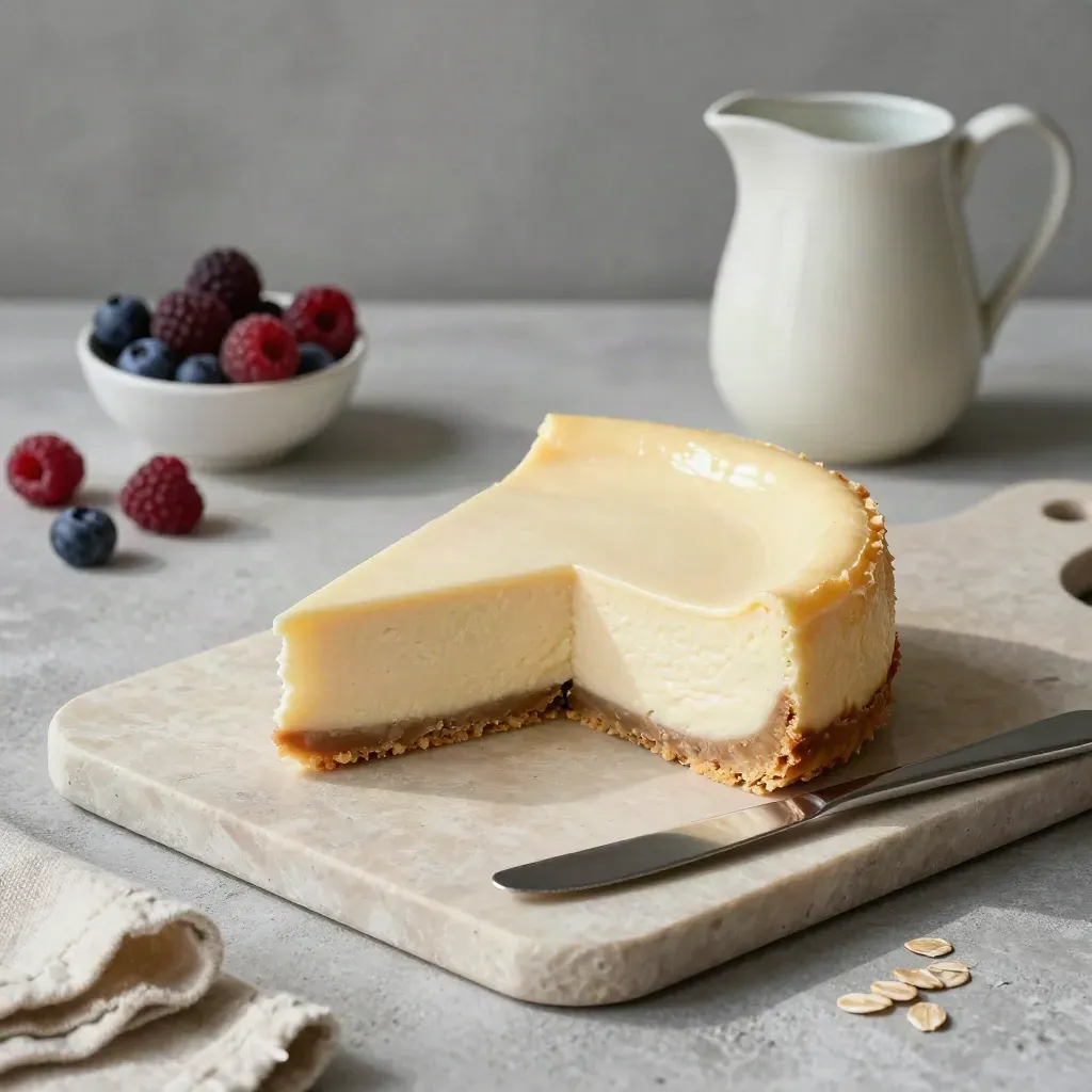 Cheesecake auf Steinplatte mit Messer, Beeren und Milchkännchen im weichen Seitenlicht