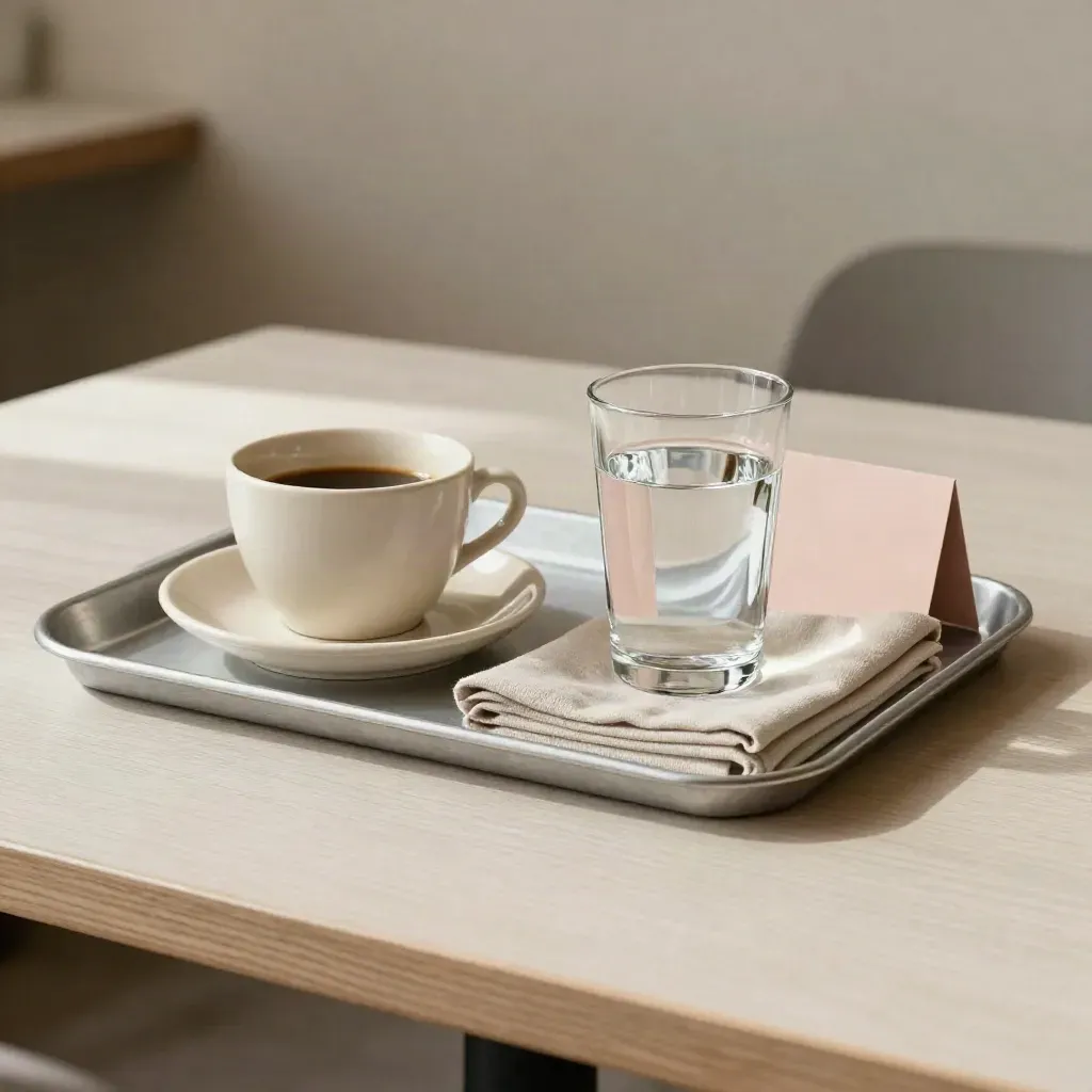 Milchkaffee-Tablett mit Tasse, Untertasse, Serviette und Wasserglas auf hellem Holz