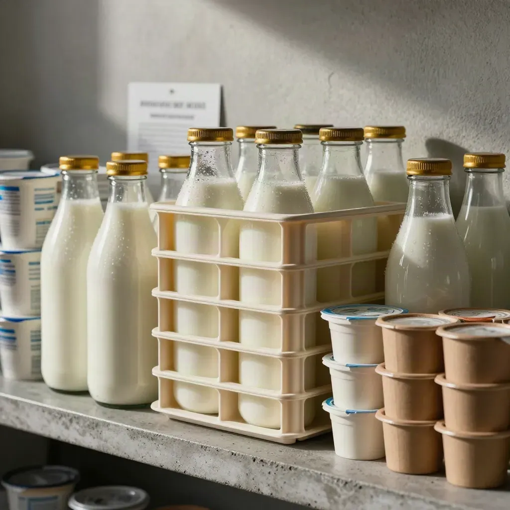Gestapelte Mehrwegboxen, Becher und Glasflaschen auf grauer Steinfläche