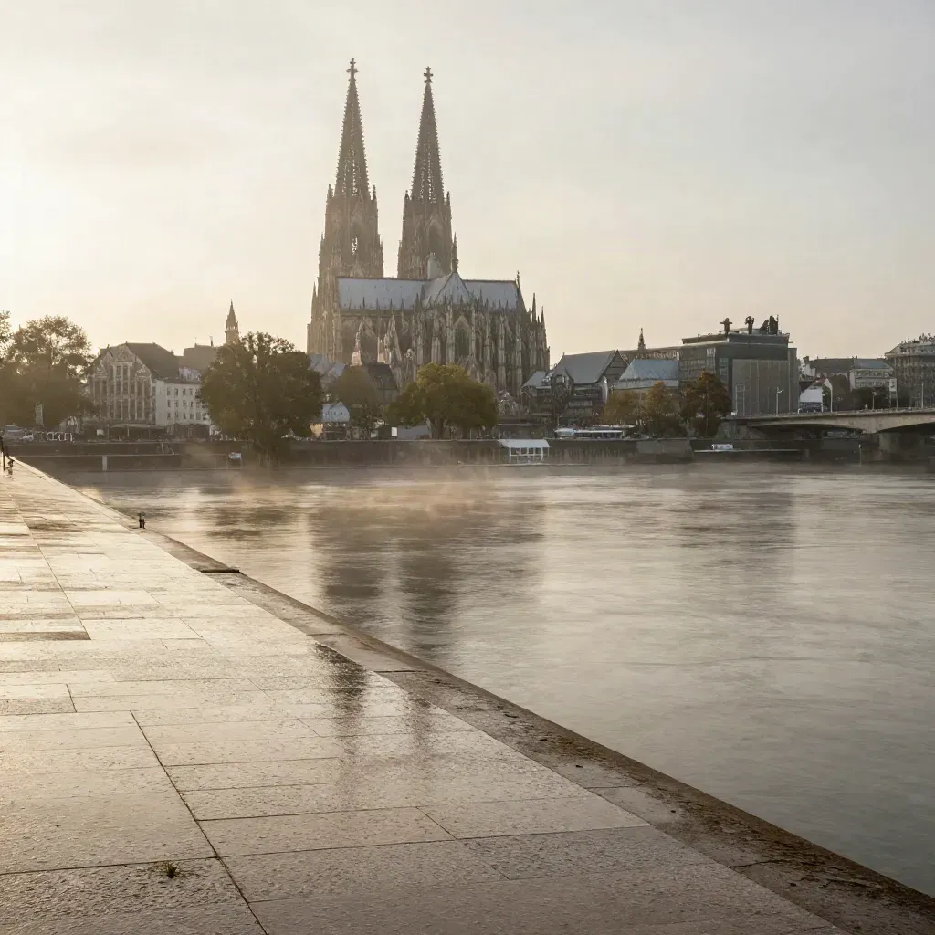 Kölner Dom im Abenddunst über dem Rhein, ruhige Steinmauer und breite Wasserfläche