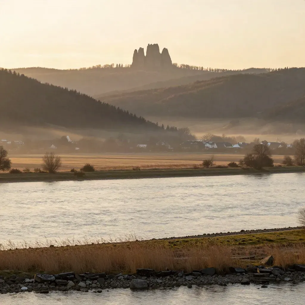 Drachenfels-Silhouette über dem Rheinbogen im goldenen Abendlicht, ruhig und neblig.