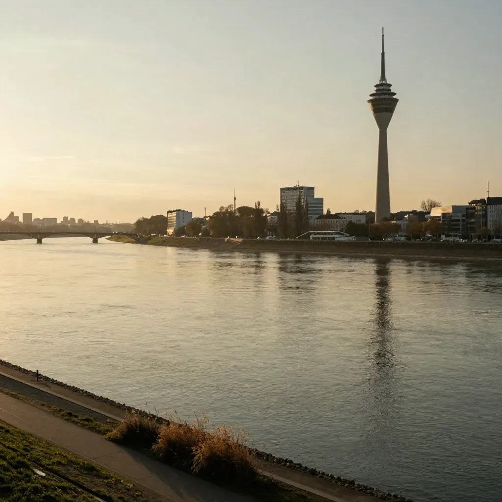 Rheinturm über dem Rhein bei Düsseldorf und Neuss im goldenen Abendlicht