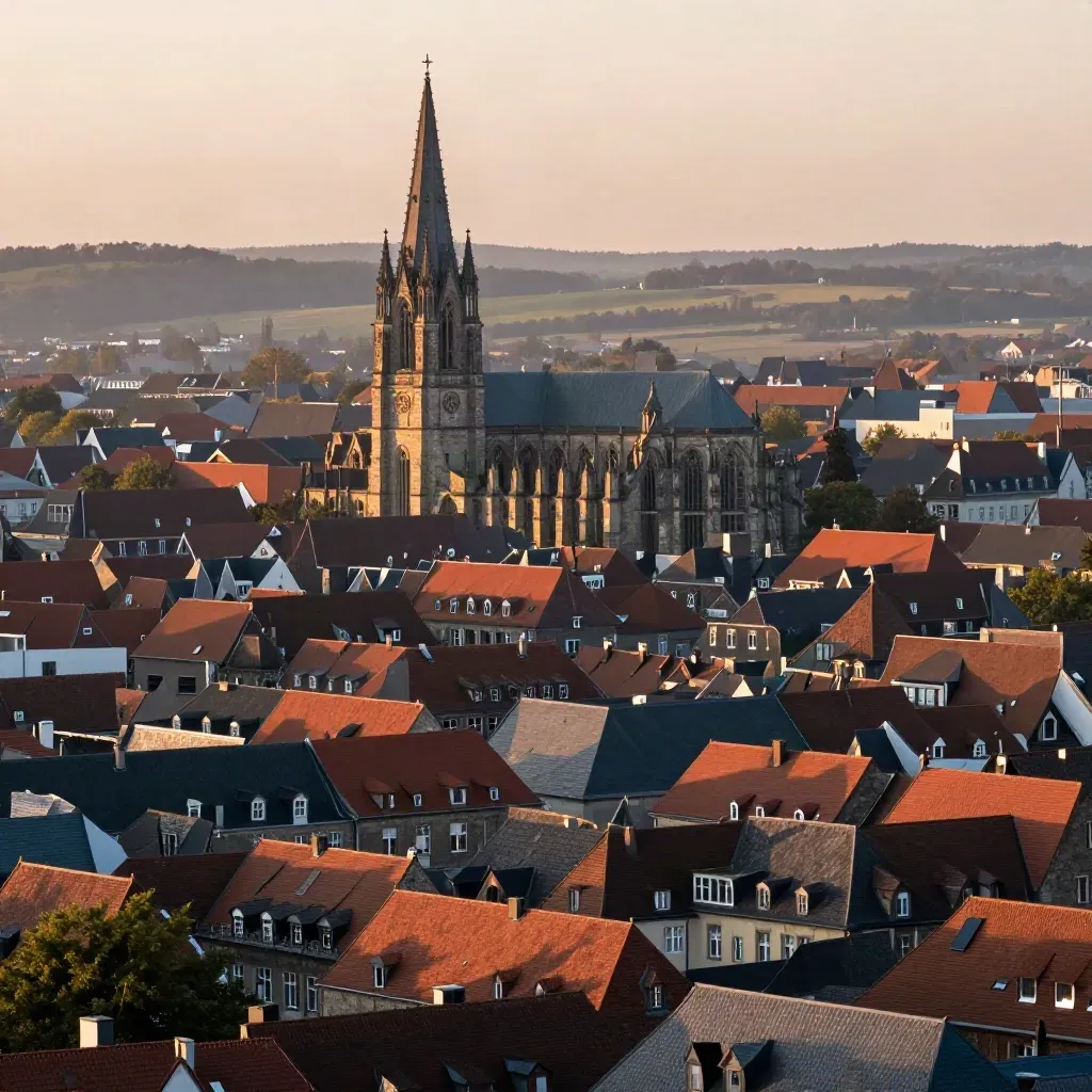 Aachener Dom über roten Dächern und sanften Hügeln im warmen Abendlicht