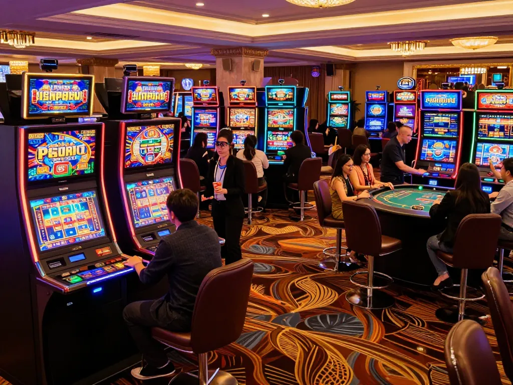 Players enjoying exciting games at PHPVIP, bright slot machines sparkling in a vibrant casino atmosphere.