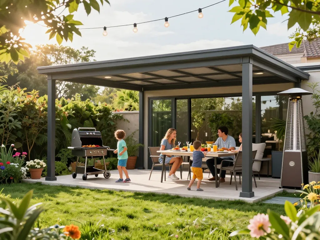 Genießen Sie ein sonniges Barbecue unter einer stilvollen Terrassenüberdachung in einem üppigen Garten.