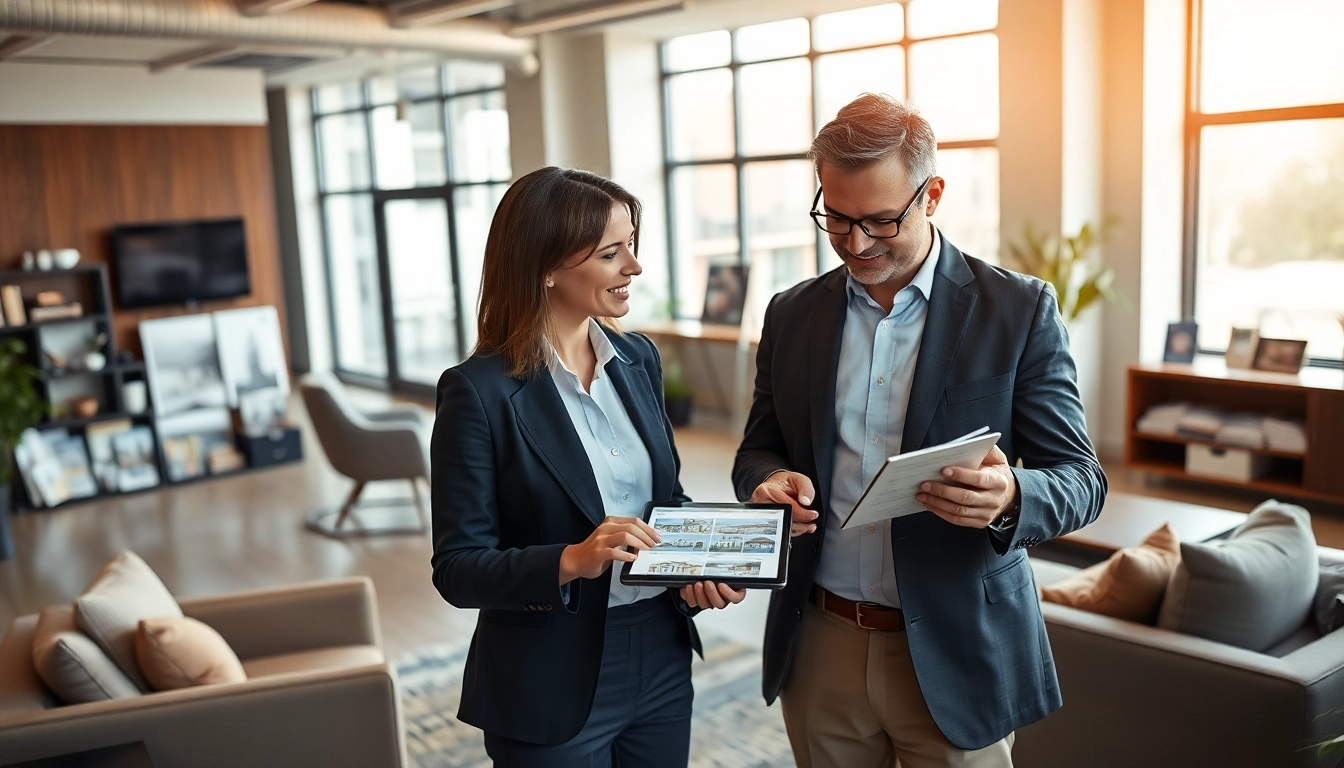 Immobilienmakler Frankfurt Eckenheim diskutiert Immobilienoptionen in modernem Büro.