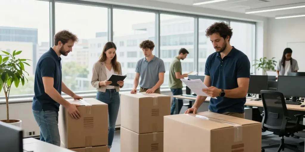Efficient Firmenumzug Berlin scene with professionals packing and planning.