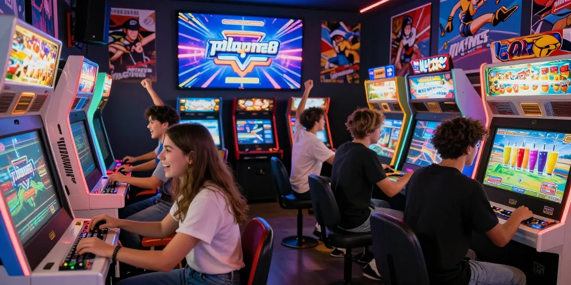 กลุ่มเพื่อนสนุกสนานในอาร์เคดระหว่างเล่นเกม playme8 พร้อมแสงนีออนที่สว่างสดใส
