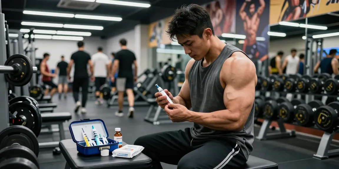 Bodybuilder preparing for injection in Anabolika Shop gym, showcasing fitness gear and anabolic steroids in action.
