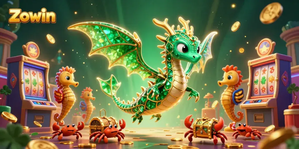 Zowin's vibrant 3D scene showcases a sea dragon amidst slot machines, inviting players to engage.