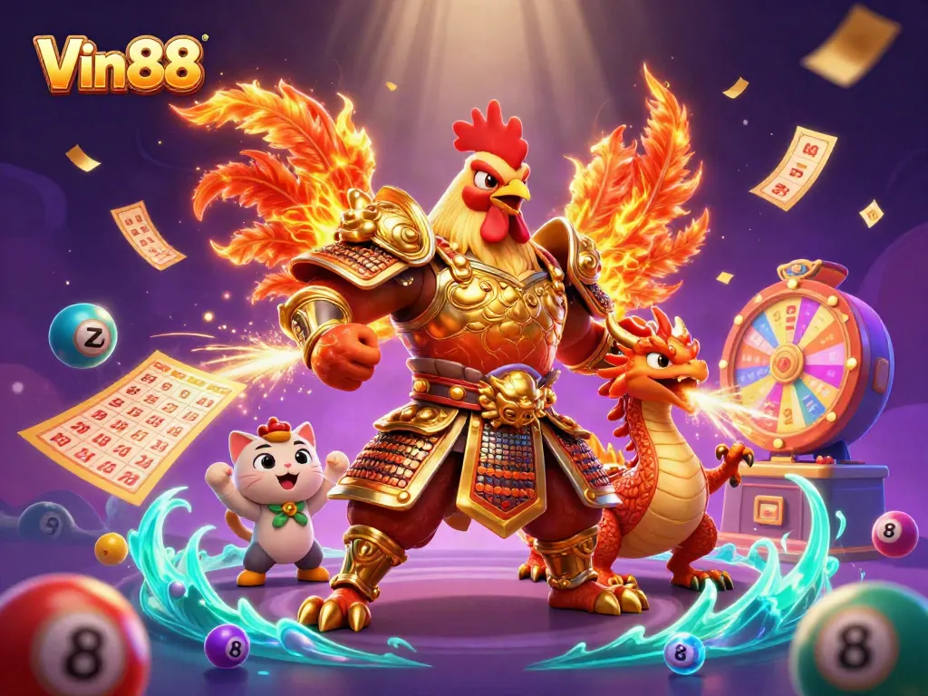 Experience thrilling gameplay at Vin88 with a powerful warrior and dragon illustration showcasing casino excitement and energy.