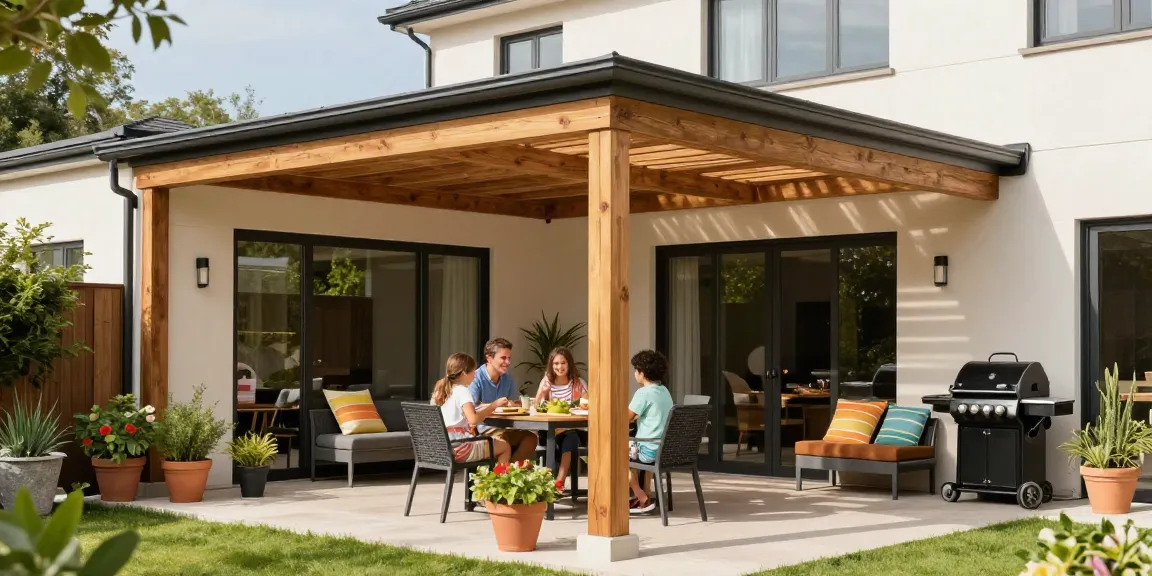 Moderne Terrassenüberdachung mit Glasdach und Familienessen im Garten