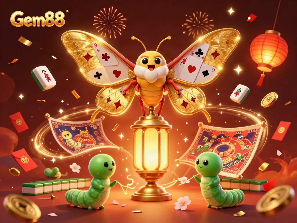 Engage with Gem88's vibrant online casino scene featuring majestic moths and festive elements.