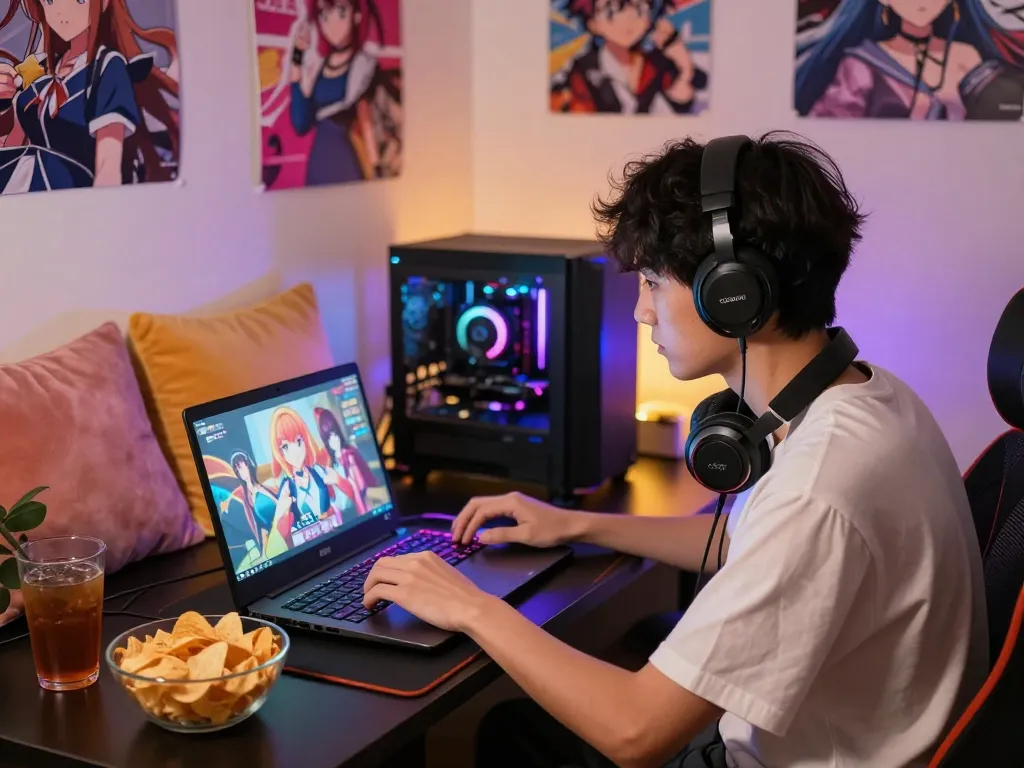 Engaged gamer enjoying a hentai game in a cozy room filled with anime decor.